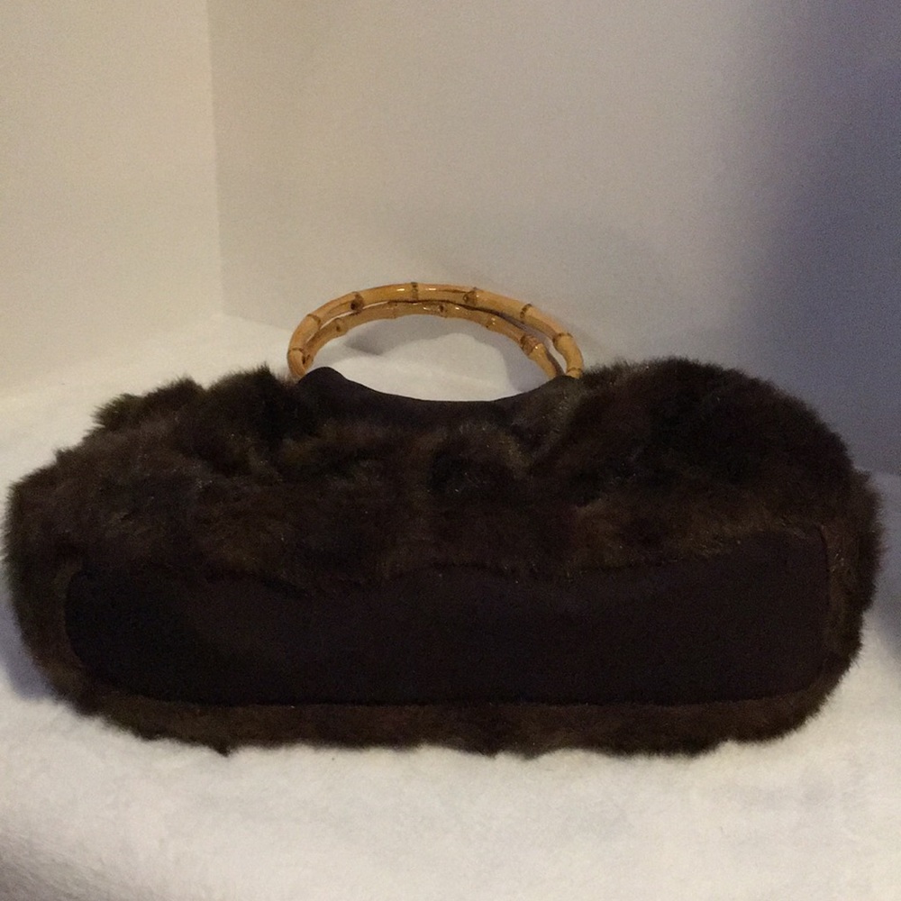 Wooden handle boho faux fur satchel bag with inside pockets